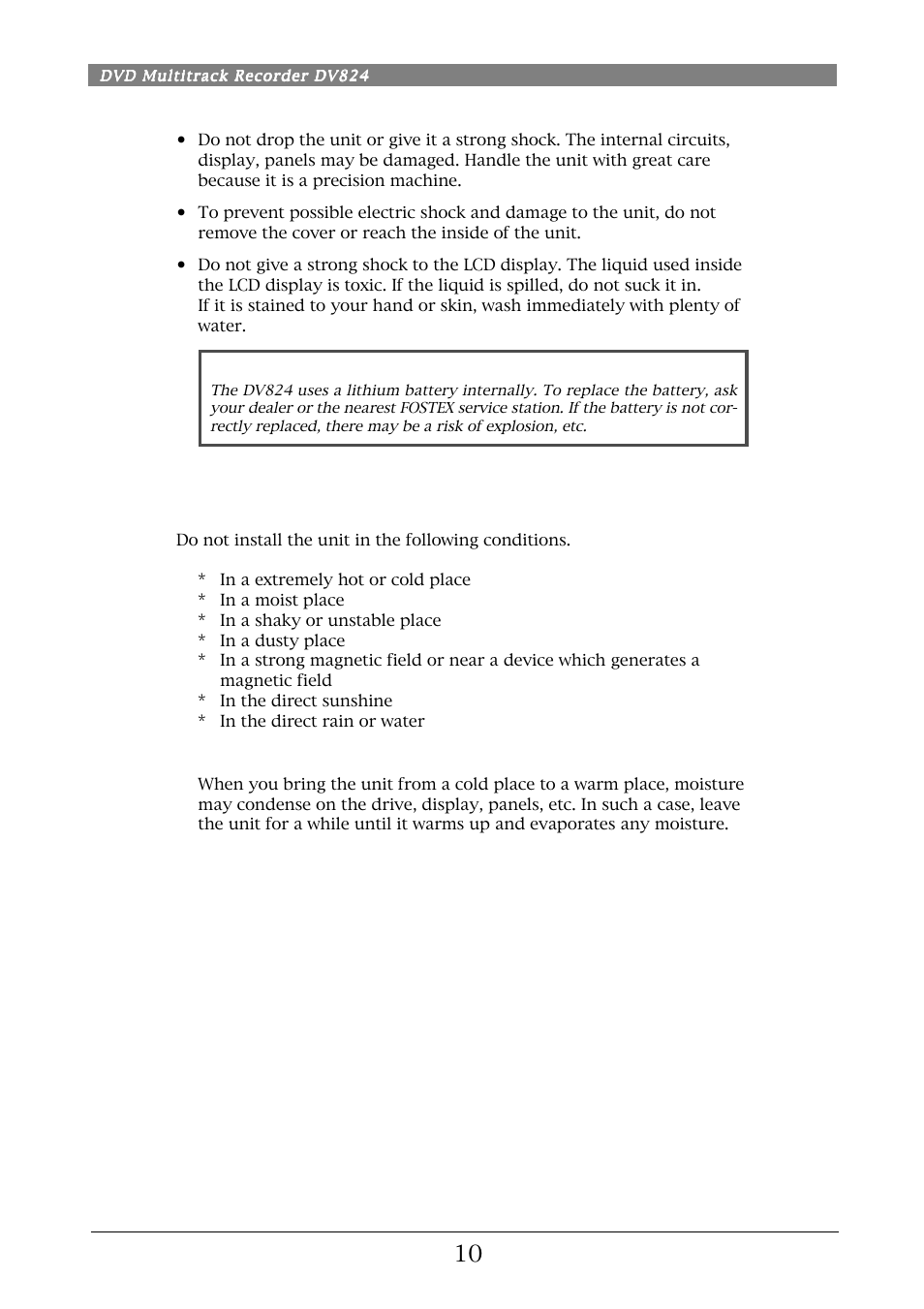 Precautions on installation | Fostex DV824 User Manual | Page 10 / 162