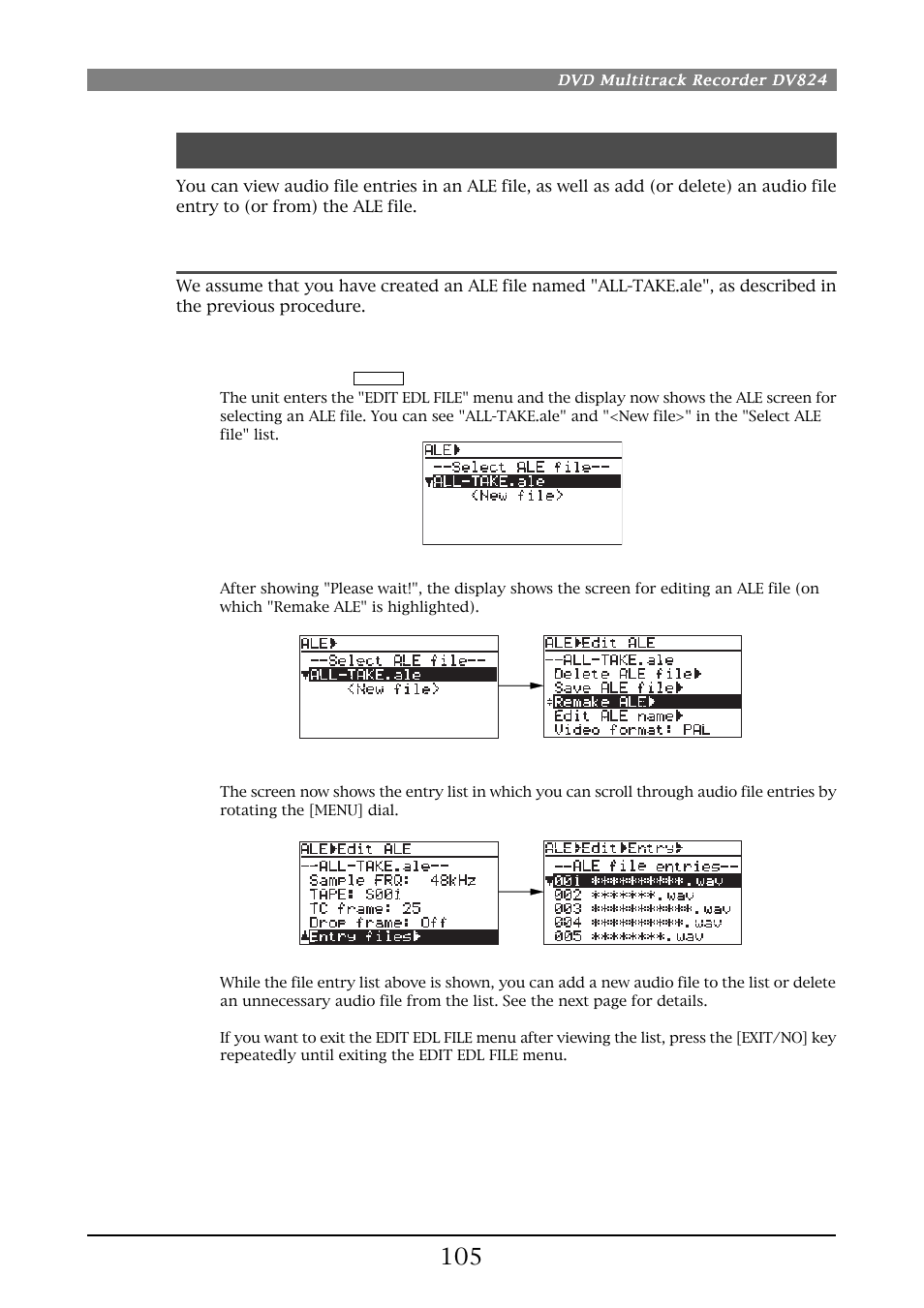 Viewing and editing audio file entries, Viewing audio file entries | Fostex DV824 User Manual | Page 105 / 162