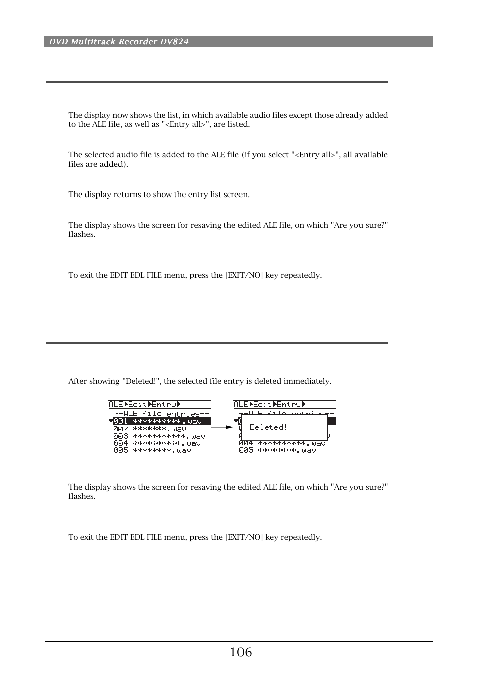 Adding an audio file entry to an existing ale file, Deleting an audio file entry | Fostex DV824 User Manual | Page 106 / 162