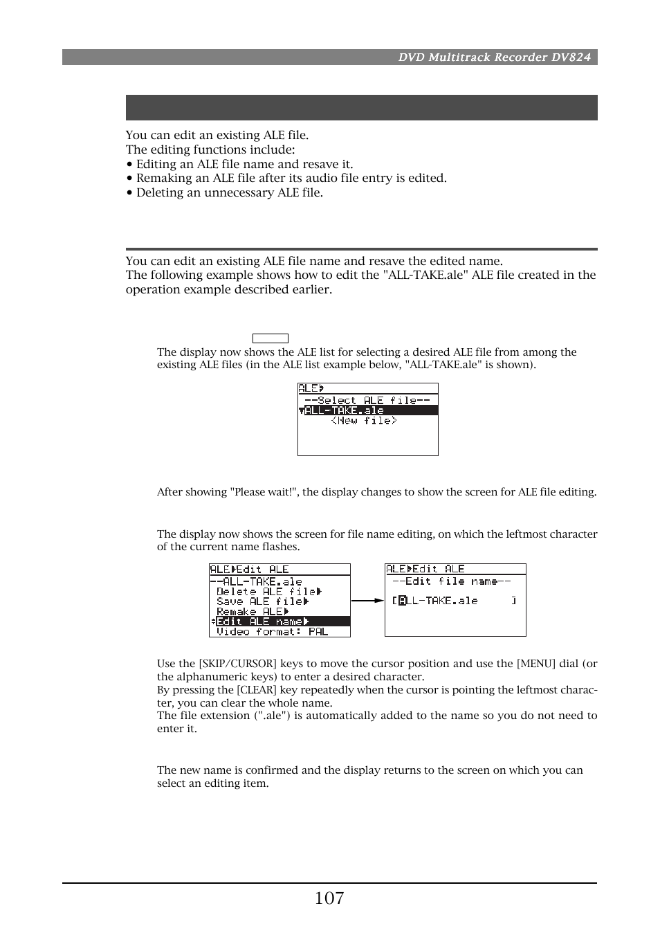 Editing an ale file, Editing an ale file name | Fostex DV824 User Manual | Page 107 / 162