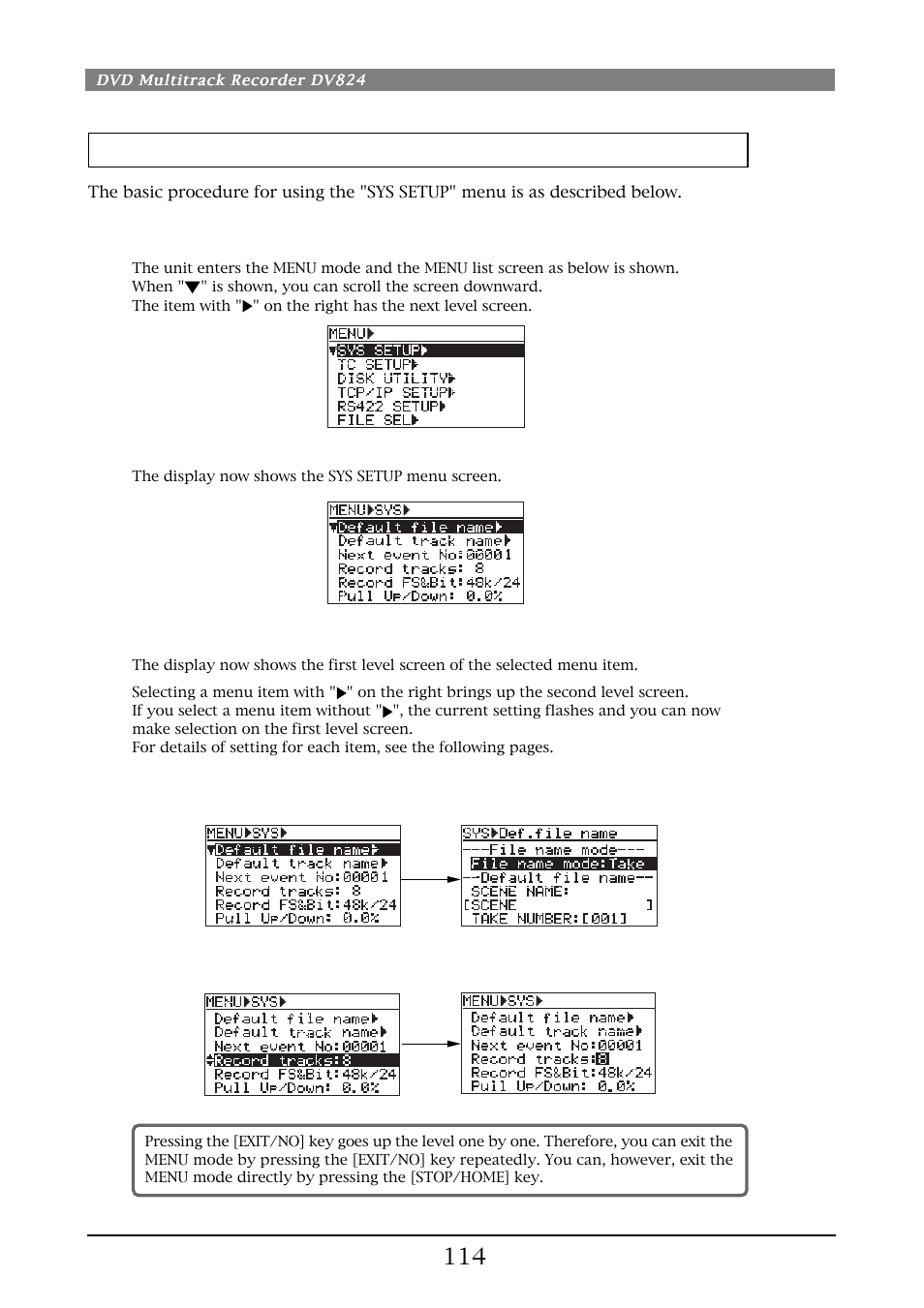 Basic procedure for using the "sys setup" menu | Fostex DV824 User Manual | Page 114 / 162