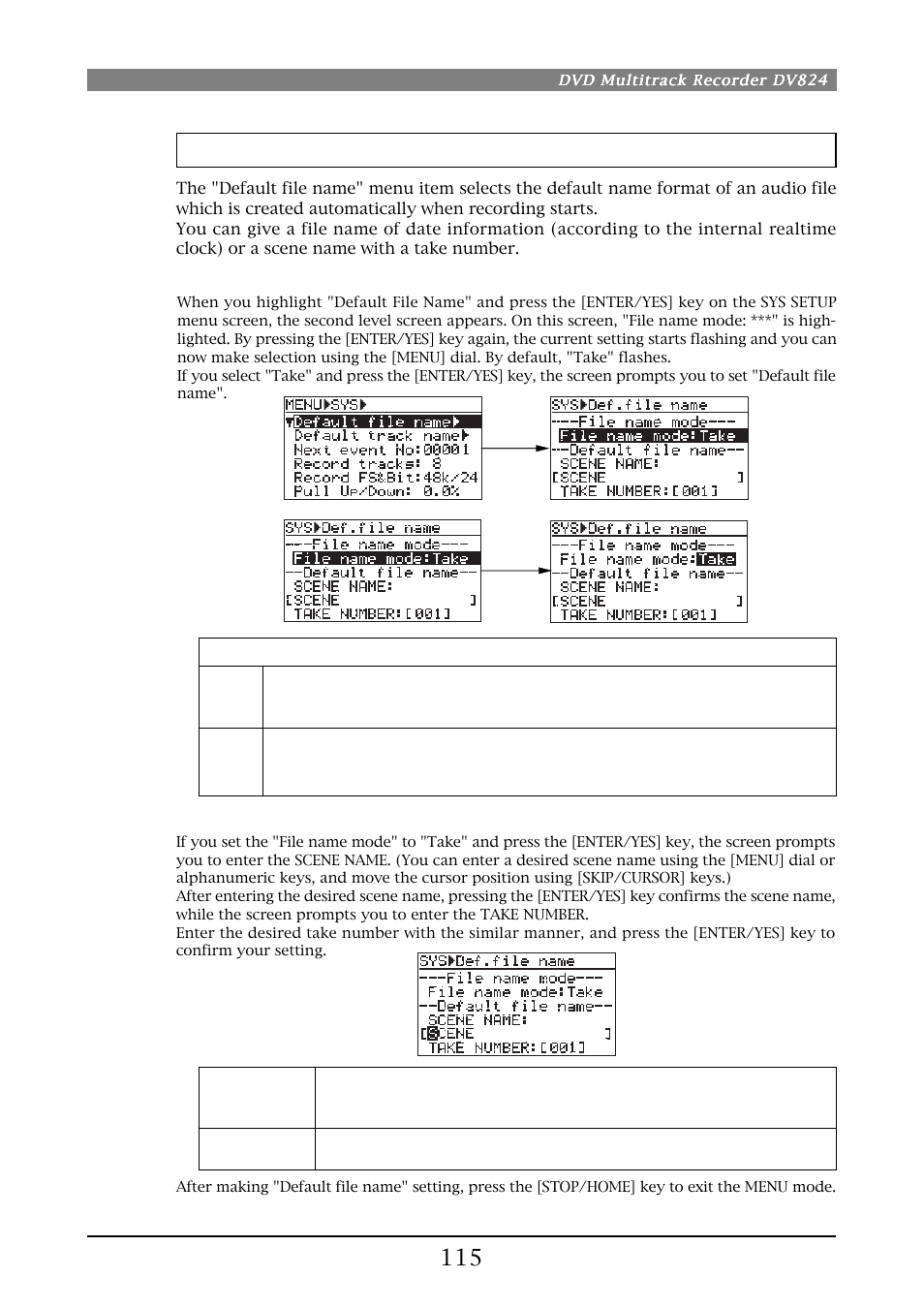 Default file name setting [default file name | Fostex DV824 User Manual | Page 115 / 162