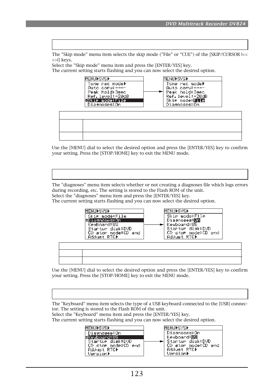 Skip mode setting [skip mode, Diagnoses file setting [diagnoses, Usb keyboard type setting [keyboard | Fostex DV824 User Manual | Page 123 / 162