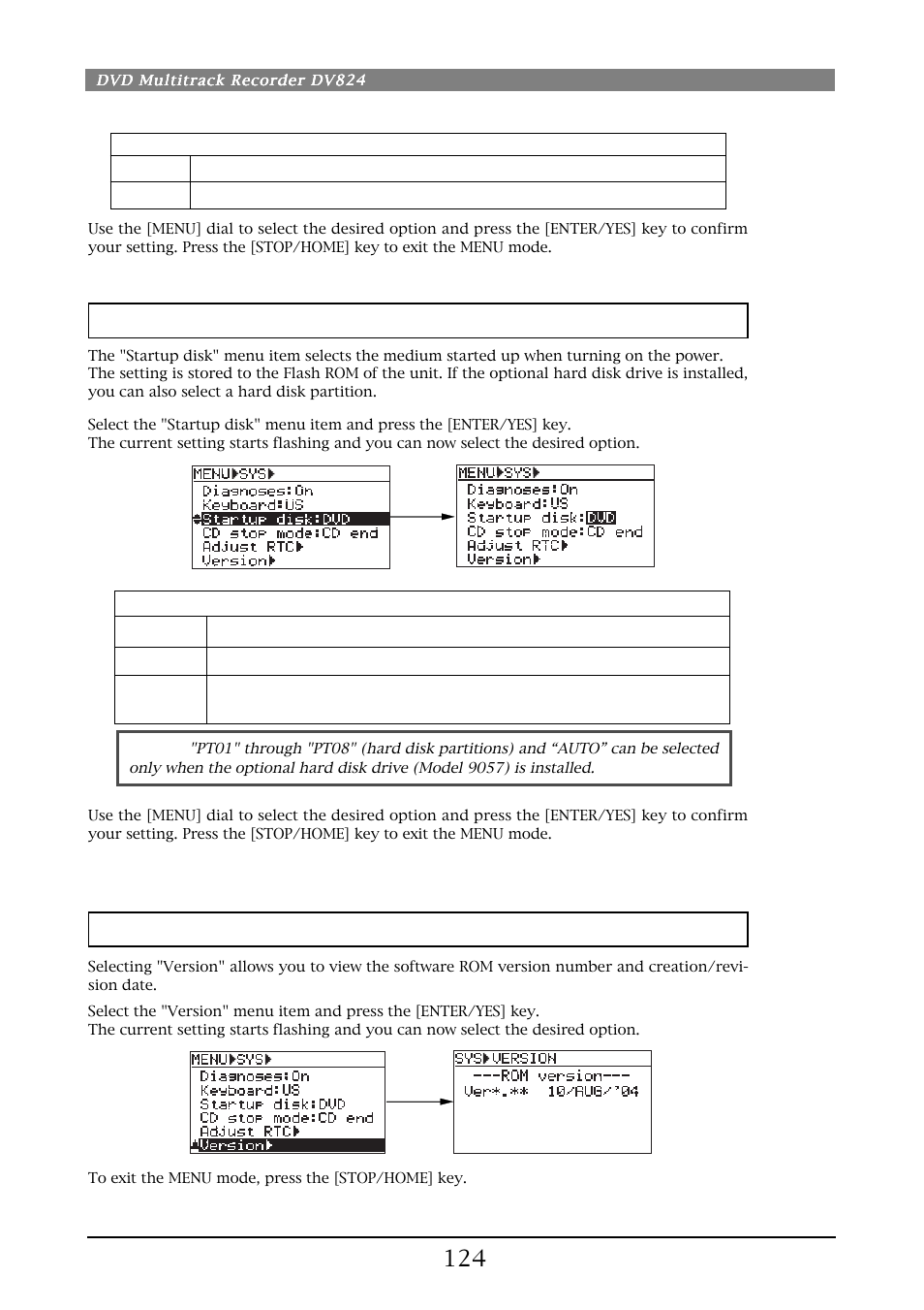 Startup disk selection [startup disk, Rom version checking [version | Fostex DV824 User Manual | Page 124 / 162