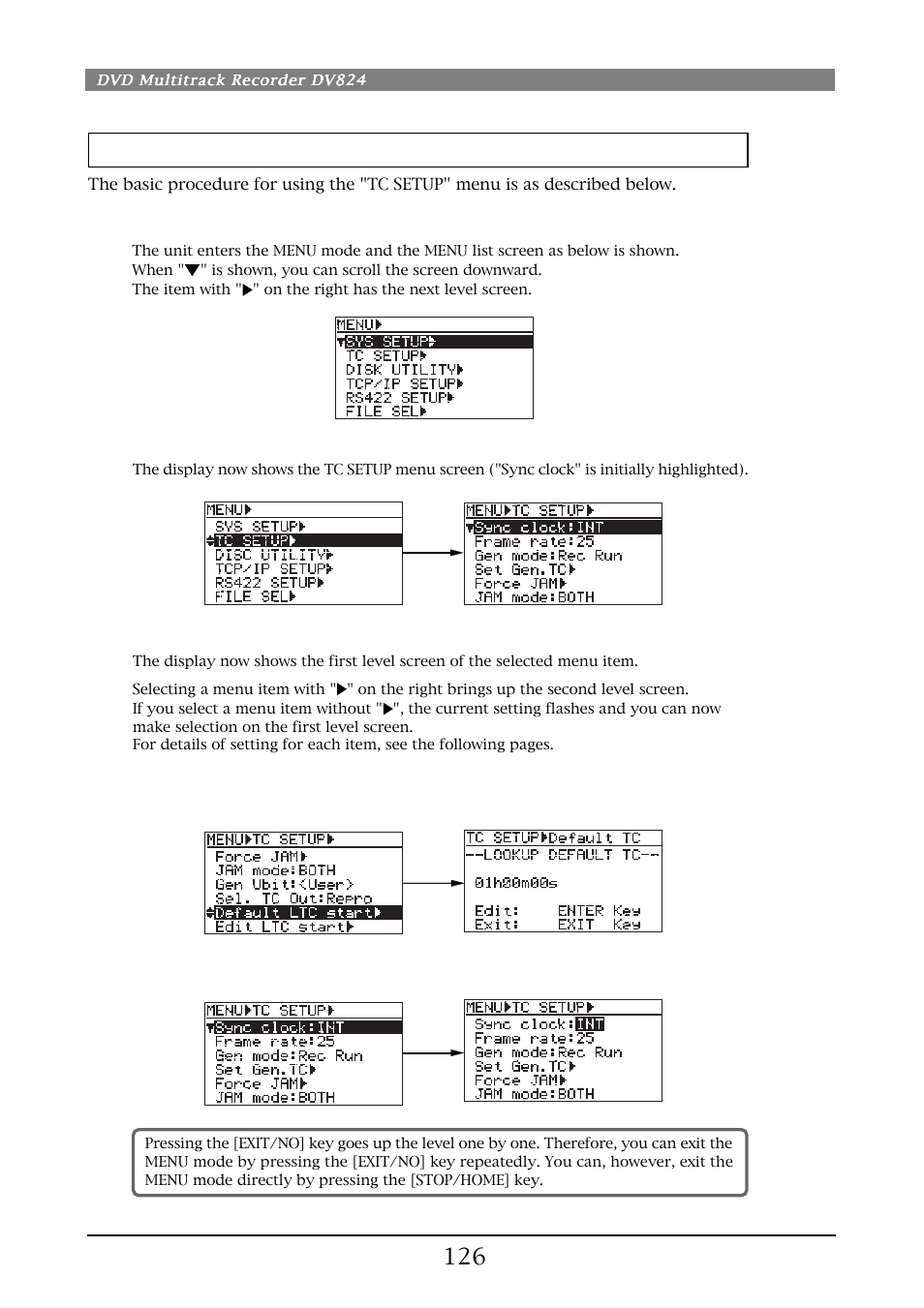 Basic procedure for using the "tc setup" menu | Fostex DV824 User Manual | Page 126 / 162