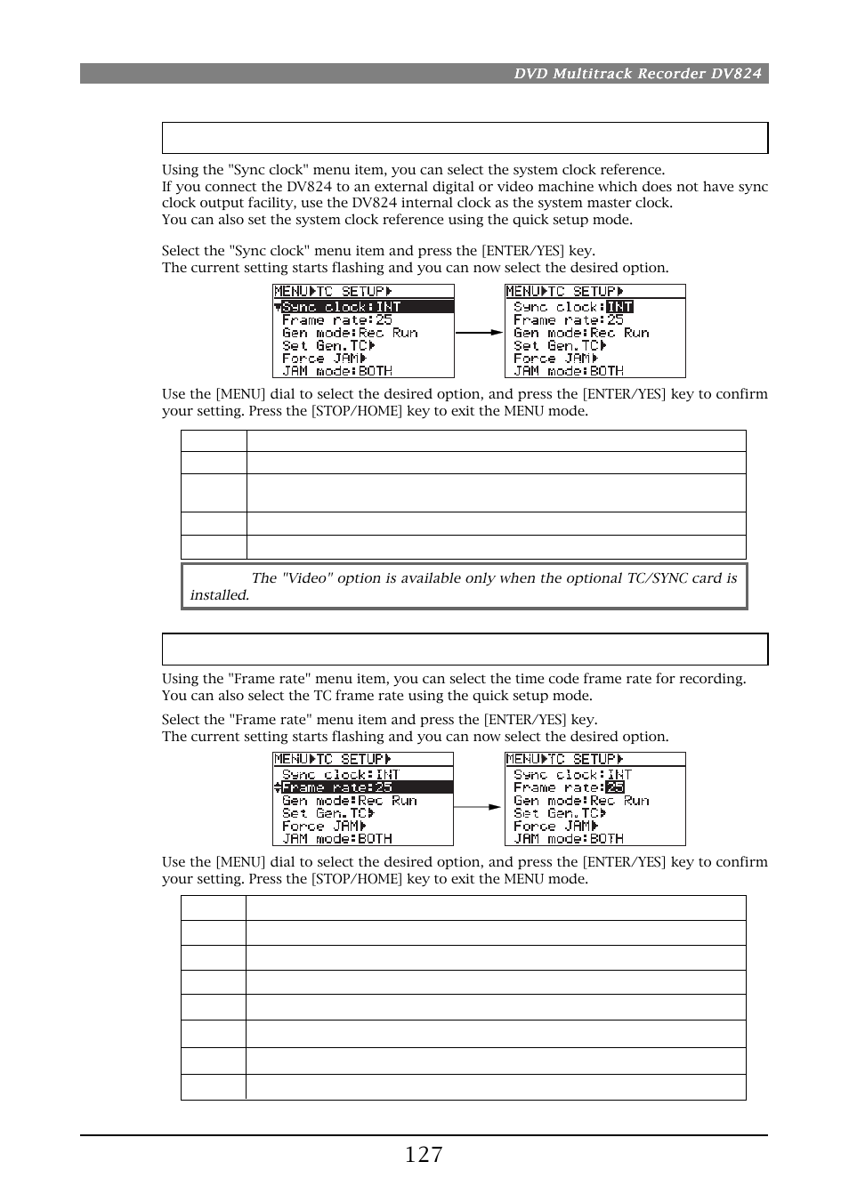 System clock selection [sync clock, Tc frame rate selection [frame rate | Fostex DV824 User Manual | Page 127 / 162