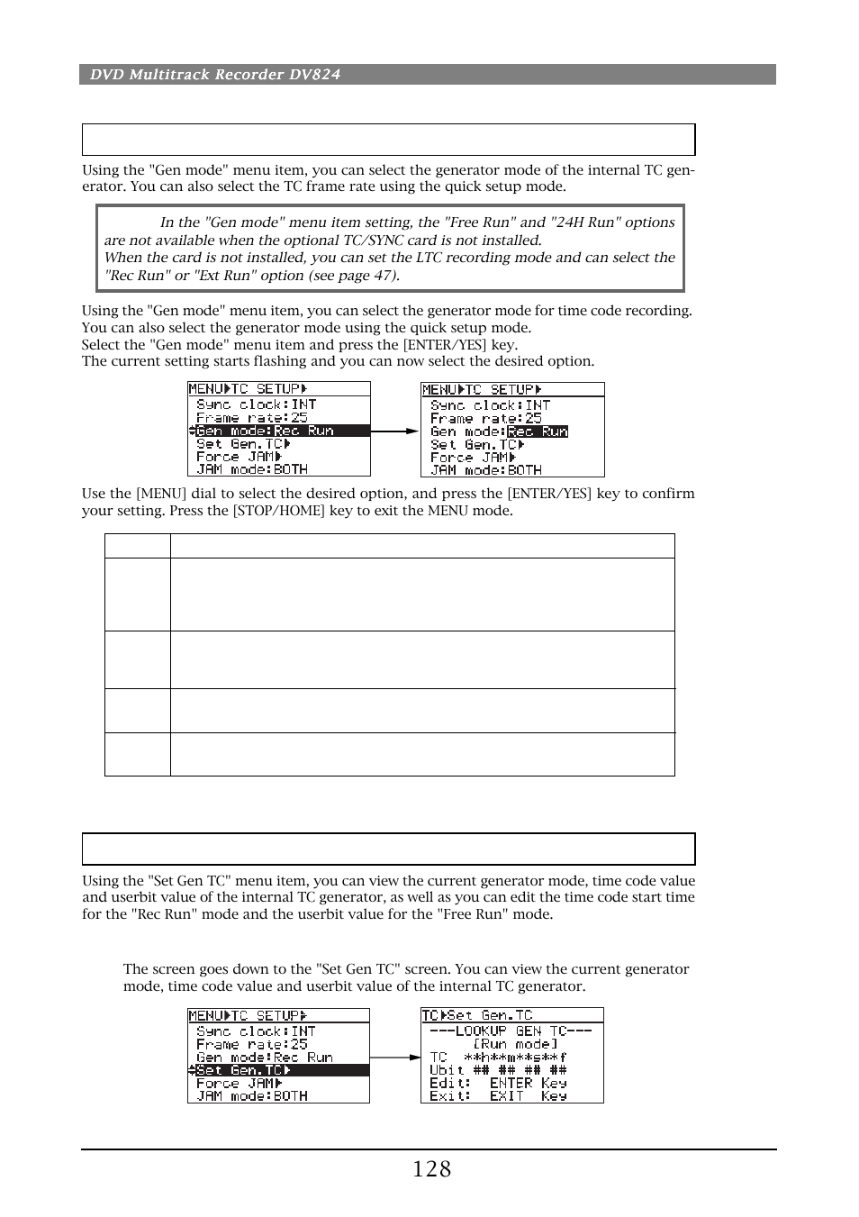 Internal tc generator setting [set gen tc, Generator mode selection [gen mode | Fostex DV824 User Manual | Page 128 / 162