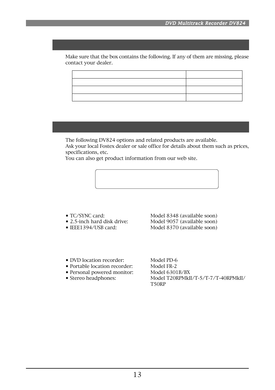 Options, Related products | Fostex DV824 User Manual | Page 13 / 162