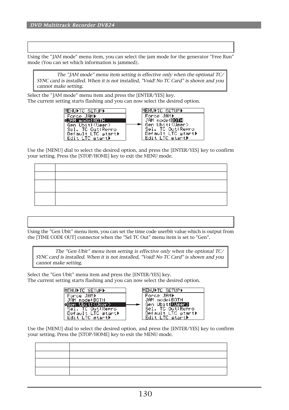 User bit setting [gen ubit, Jam mode setting [jam mode | Fostex DV824 User Manual | Page 130 / 162