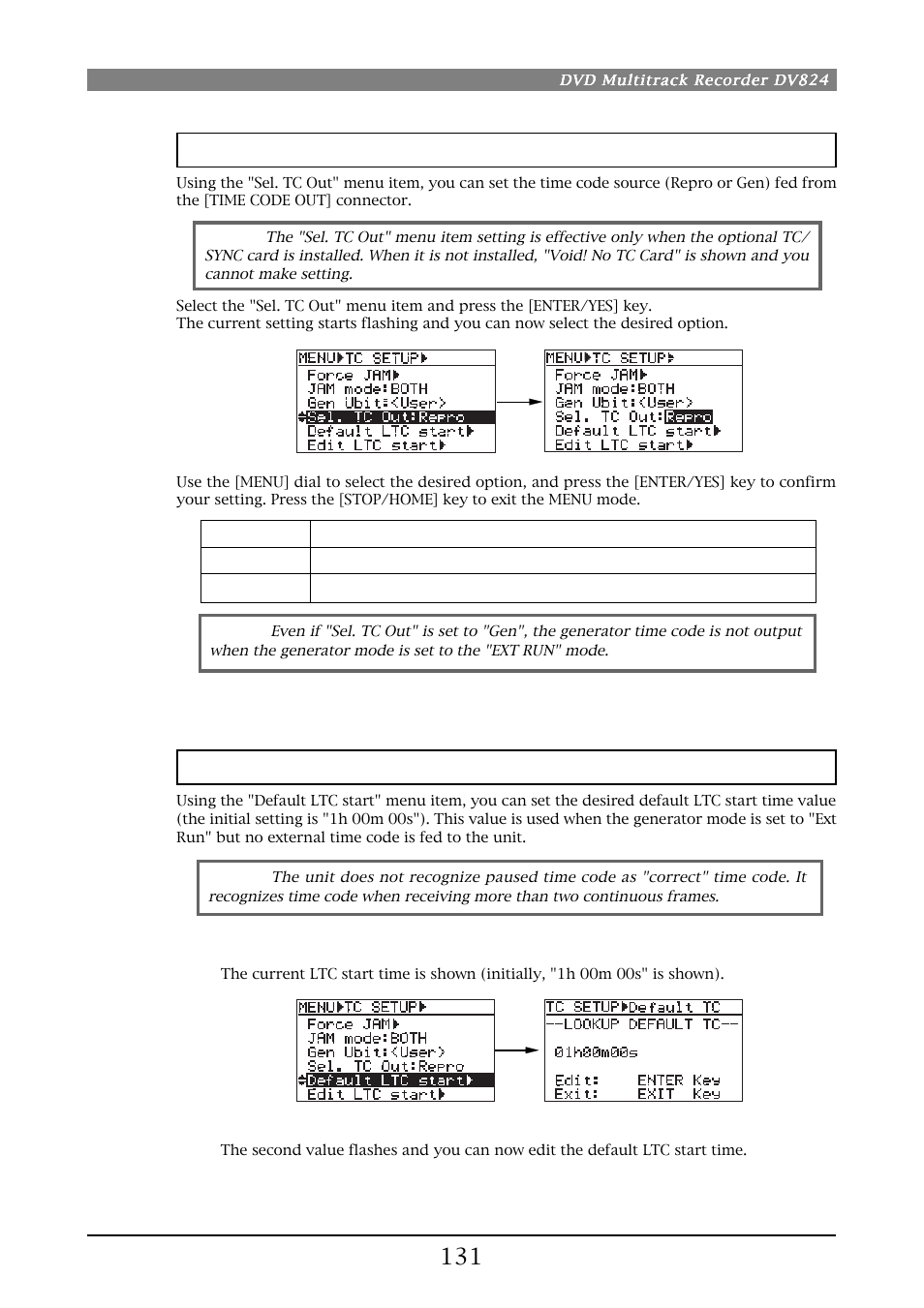 Time code output source selection [sel. tc out, Default ltc start time setting [default ltc start | Fostex DV824 User Manual | Page 131 / 162