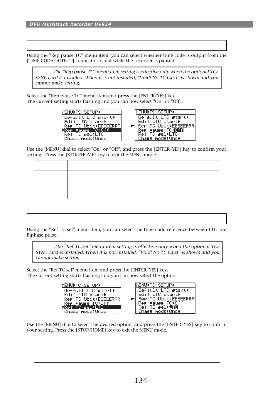 Time code output while paused [rep pause tc, Reference time code selection [ref tc sel | Fostex DV824 User Manual | Page 134 / 162