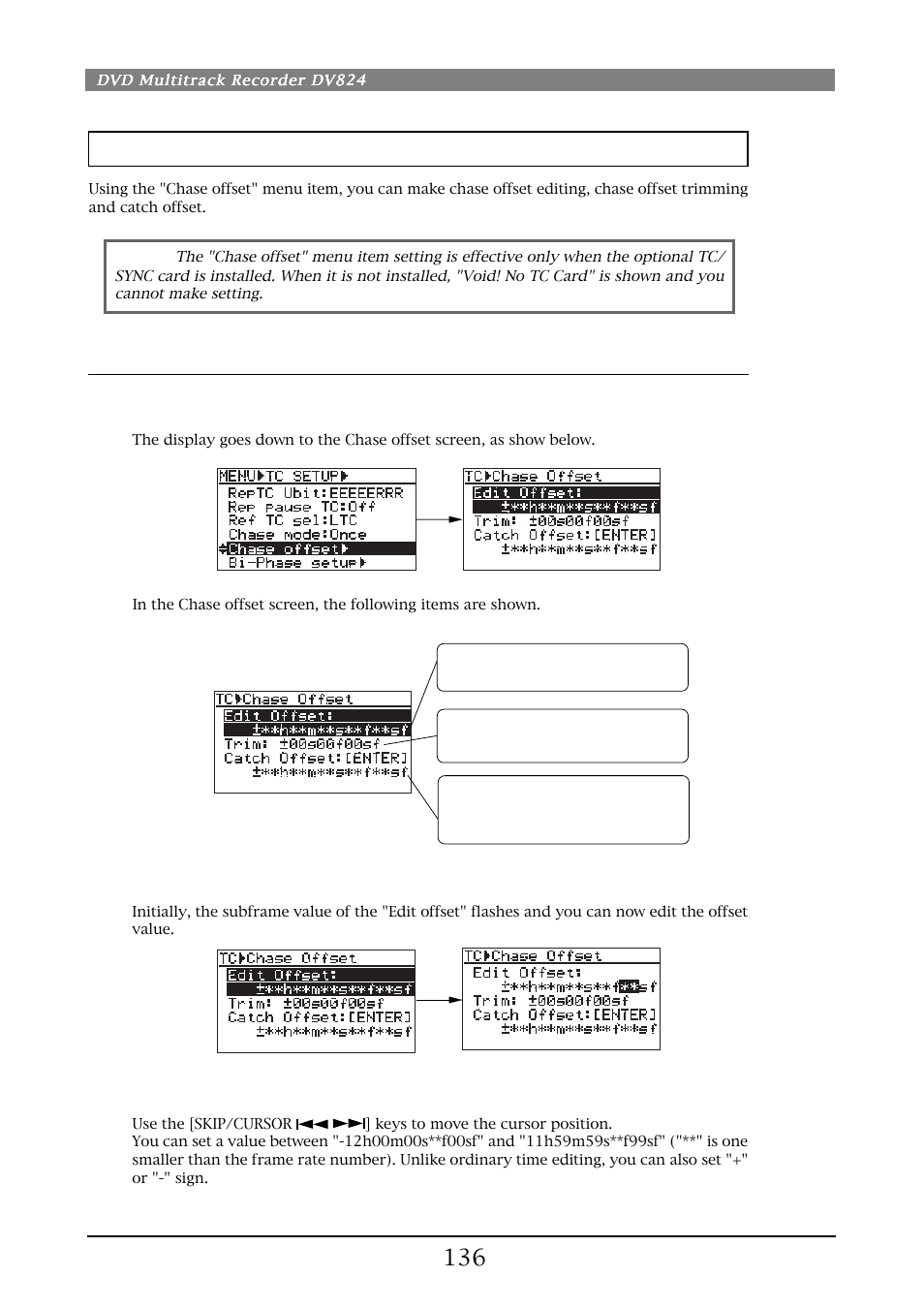 Chase offset setting [chase offset, Chase offset editing | Fostex DV824 User Manual | Page 136 / 162