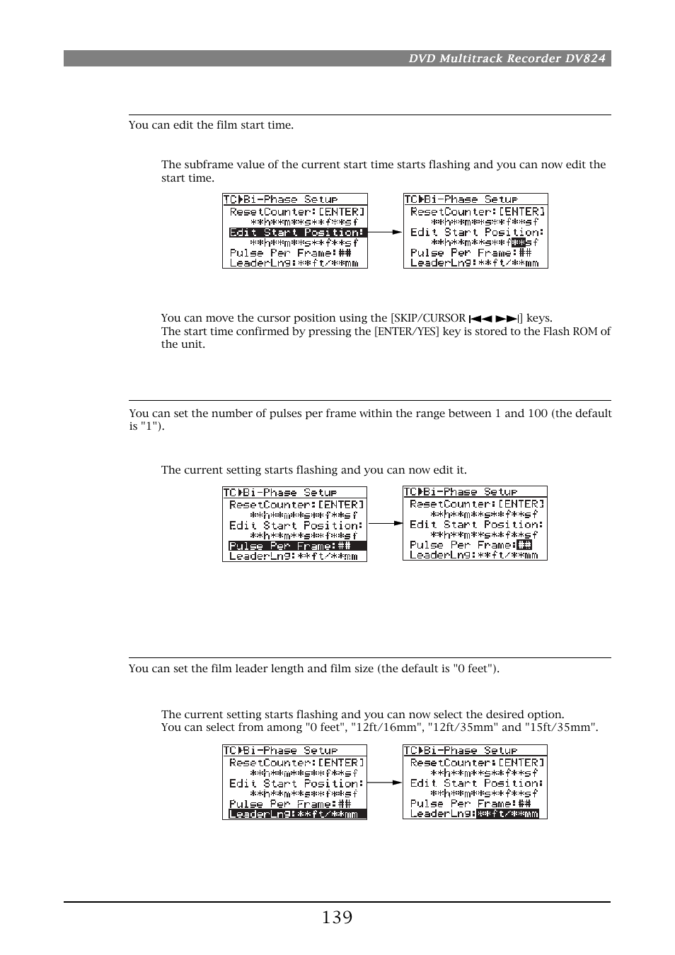 Editing the film start time, Setting the number of pulses per frame, Setting the film leader length and film size | Fostex DV824 User Manual | Page 139 / 162