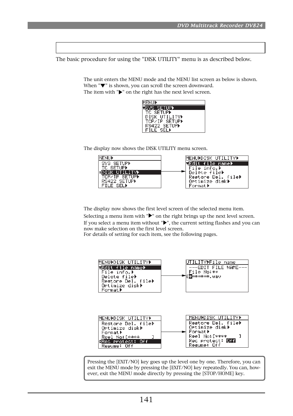 Basic procedure for using the "disk utility" menu | Fostex DV824 User Manual | Page 141 / 162