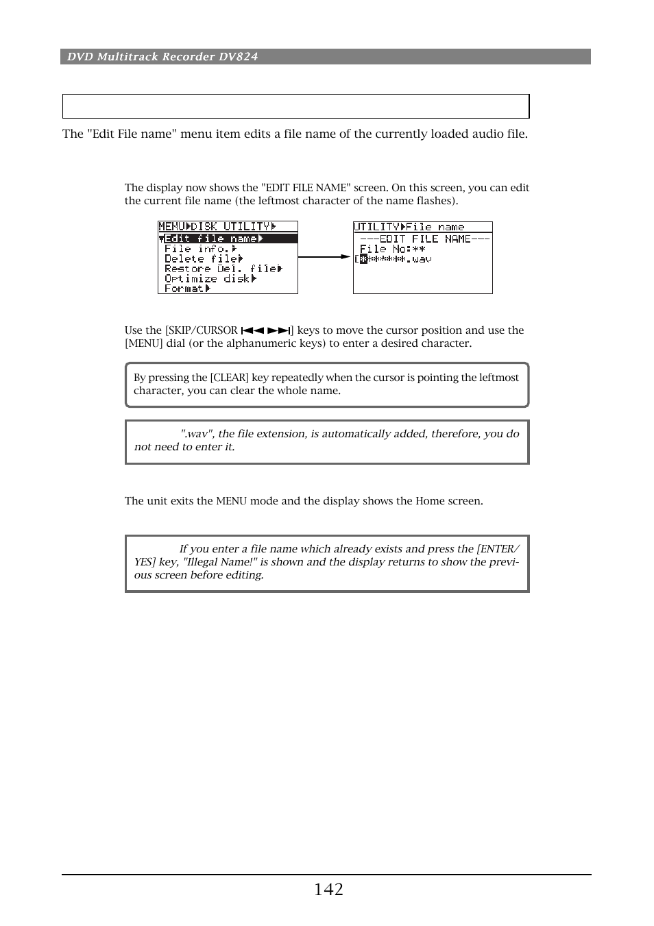 Editing a file name [edit file name | Fostex DV824 User Manual | Page 142 / 162