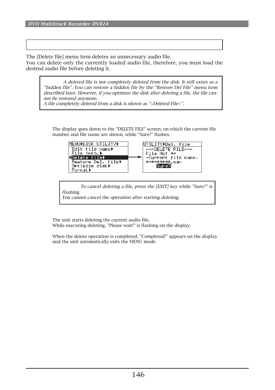 Deleting an unnecessary audio file [delete file | Fostex DV824 User Manual | Page 146 / 162