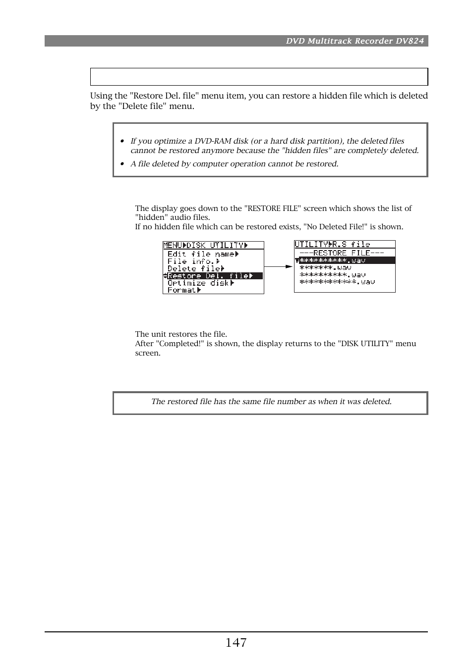 Restoring a deleted audio file [restore del. file | Fostex DV824 User Manual | Page 147 / 162