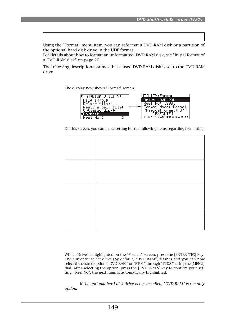 Formatting a disk [format, Drive selection | Fostex DV824 User Manual | Page 149 / 162