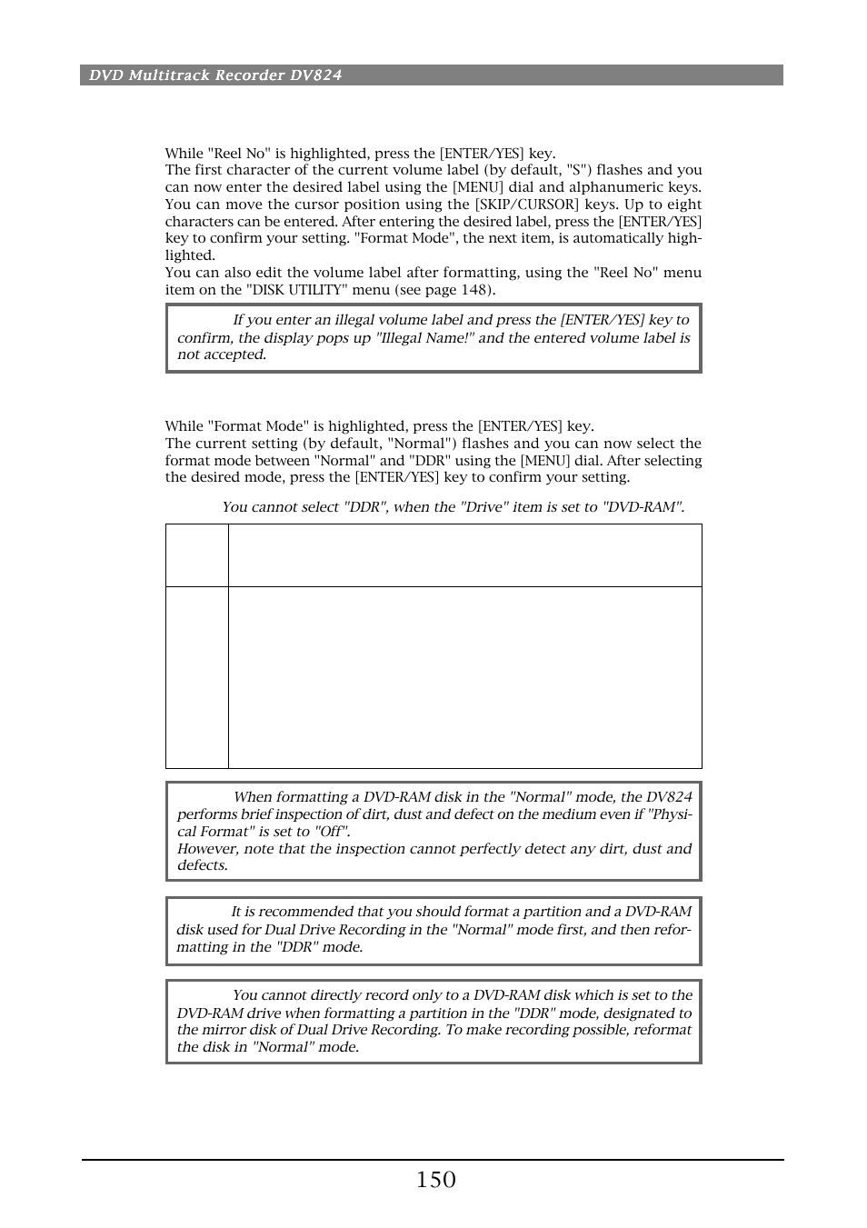 Volume label setting, Format mode selection | Fostex DV824 User Manual | Page 150 / 162