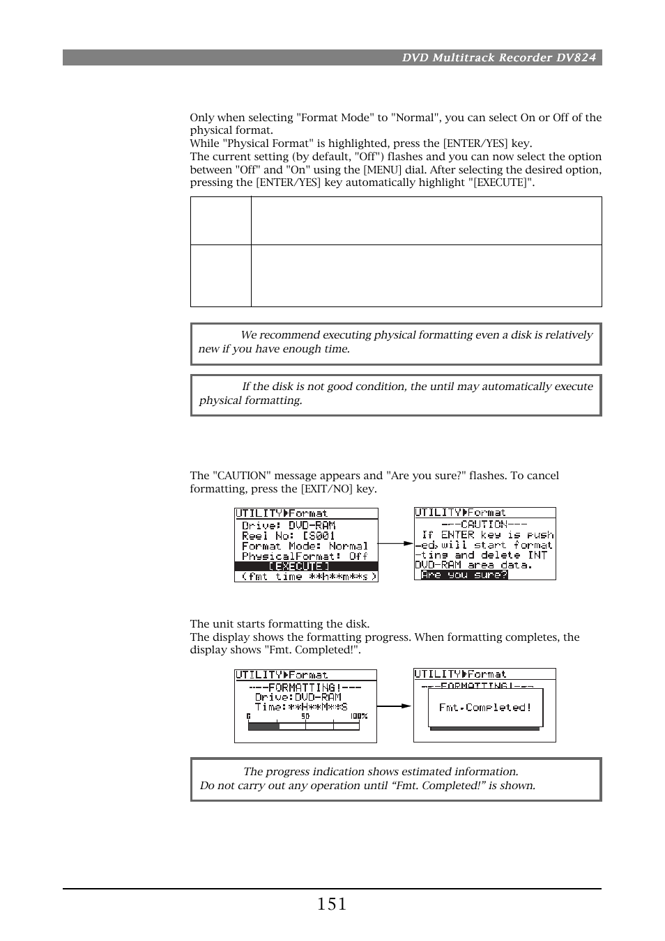 Physical format on/off setting | Fostex DV824 User Manual | Page 151 / 162