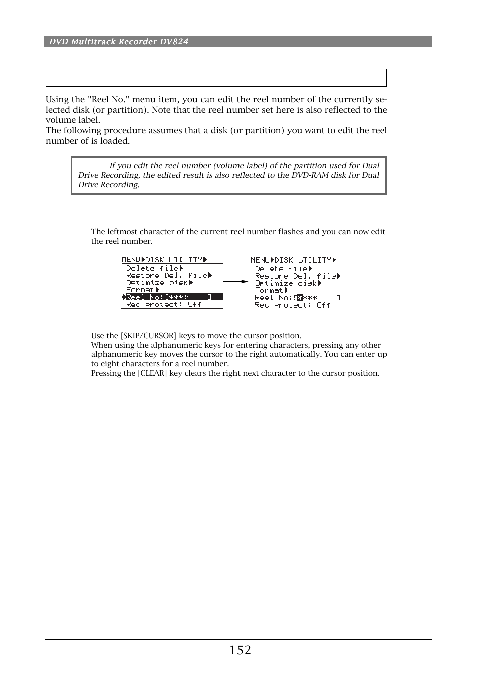 Editing the reel number (volume label) [reel no | Fostex DV824 User Manual | Page 152 / 162