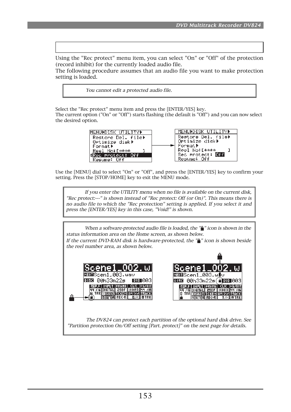 Record protection on/off setting [rec protect | Fostex DV824 User Manual | Page 153 / 162