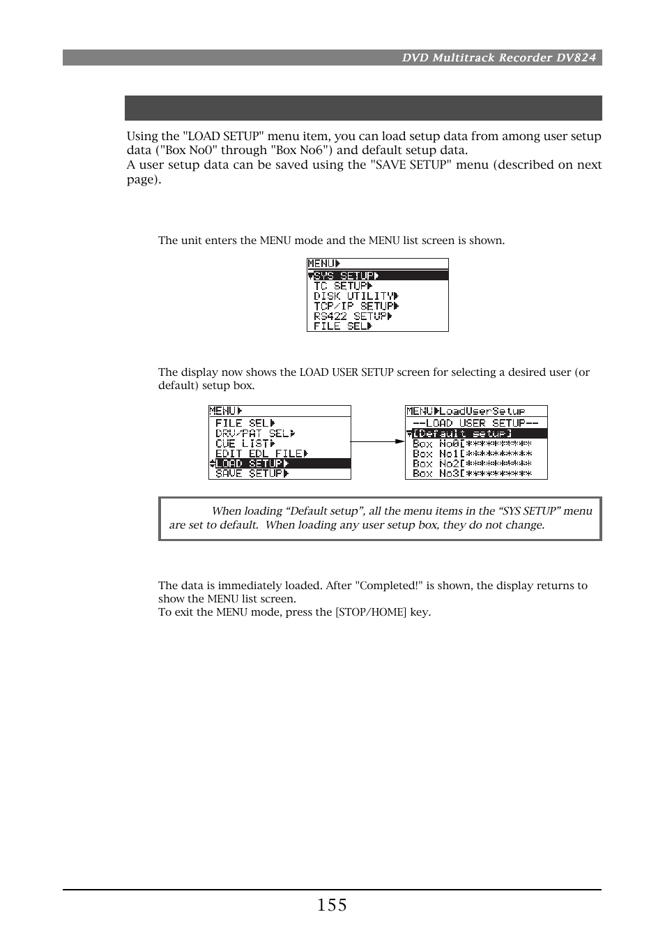 Load setup menu | Fostex DV824 User Manual | Page 155 / 162