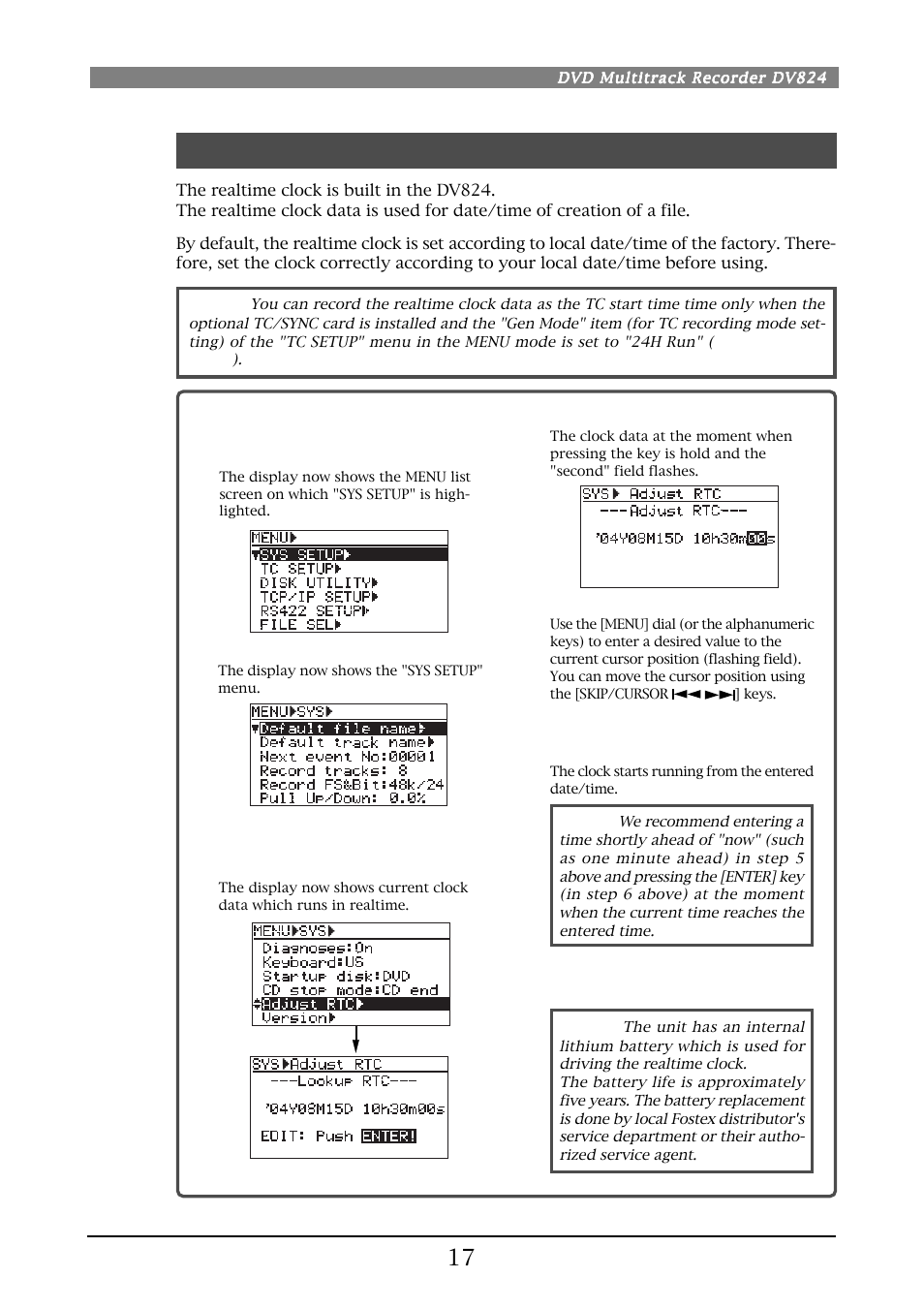 Realtime clock setting | Fostex DV824 User Manual | Page 17 / 162