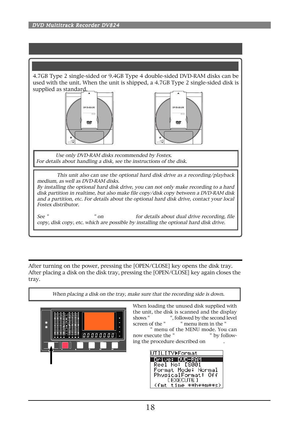 About recommended disks, Inserting/removing a disk, Dvd-ram disks used with the dv824 | Dvd multitrack recorder dv824 | Fostex DV824 User Manual | Page 18 / 162