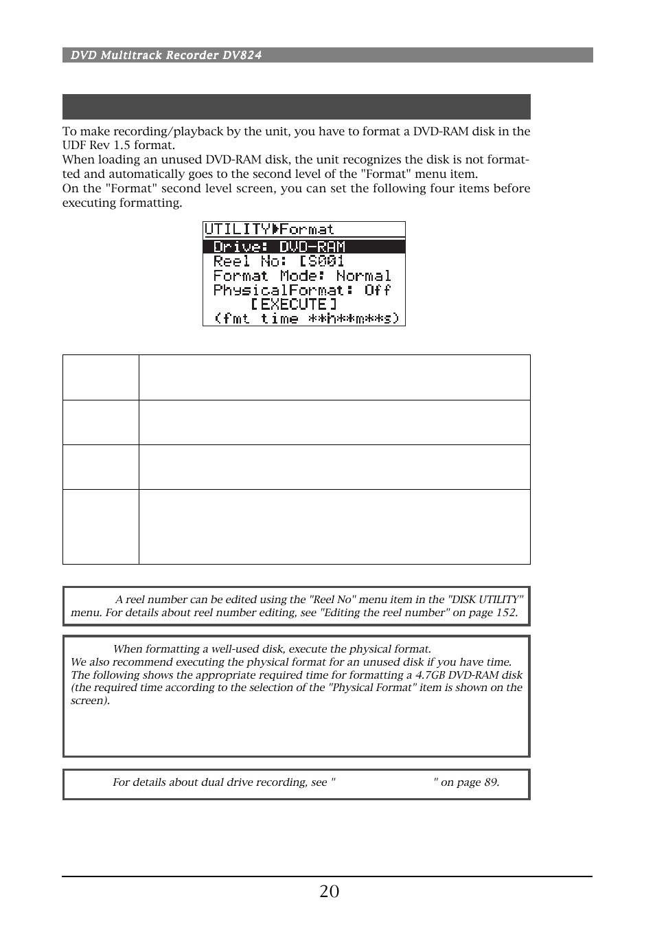 Initial format of a dvd-ram disk | Fostex DV824 User Manual | Page 20 / 162