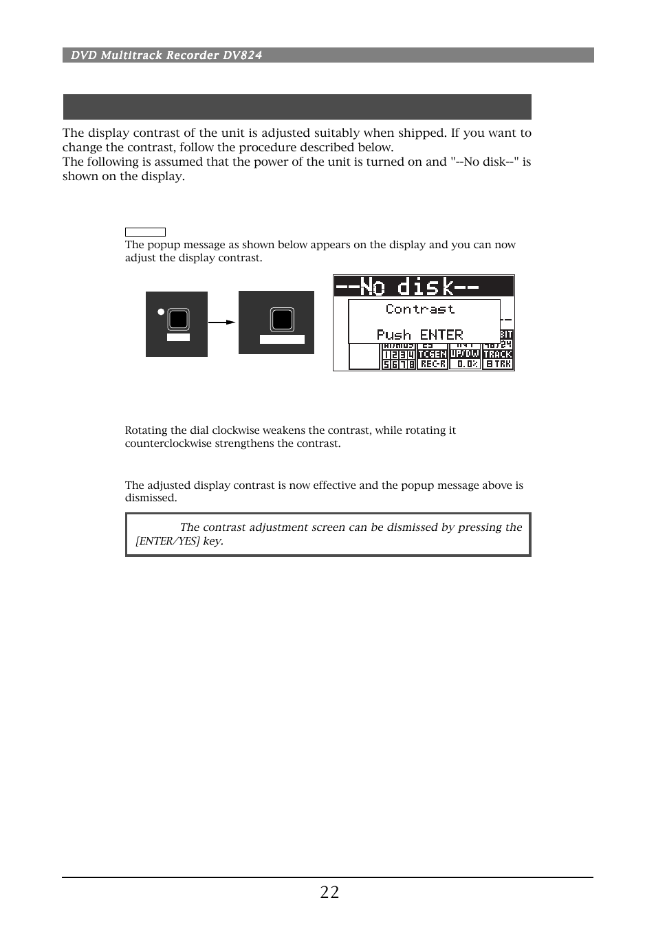 Adjusting display contrast | Fostex DV824 User Manual | Page 22 / 162