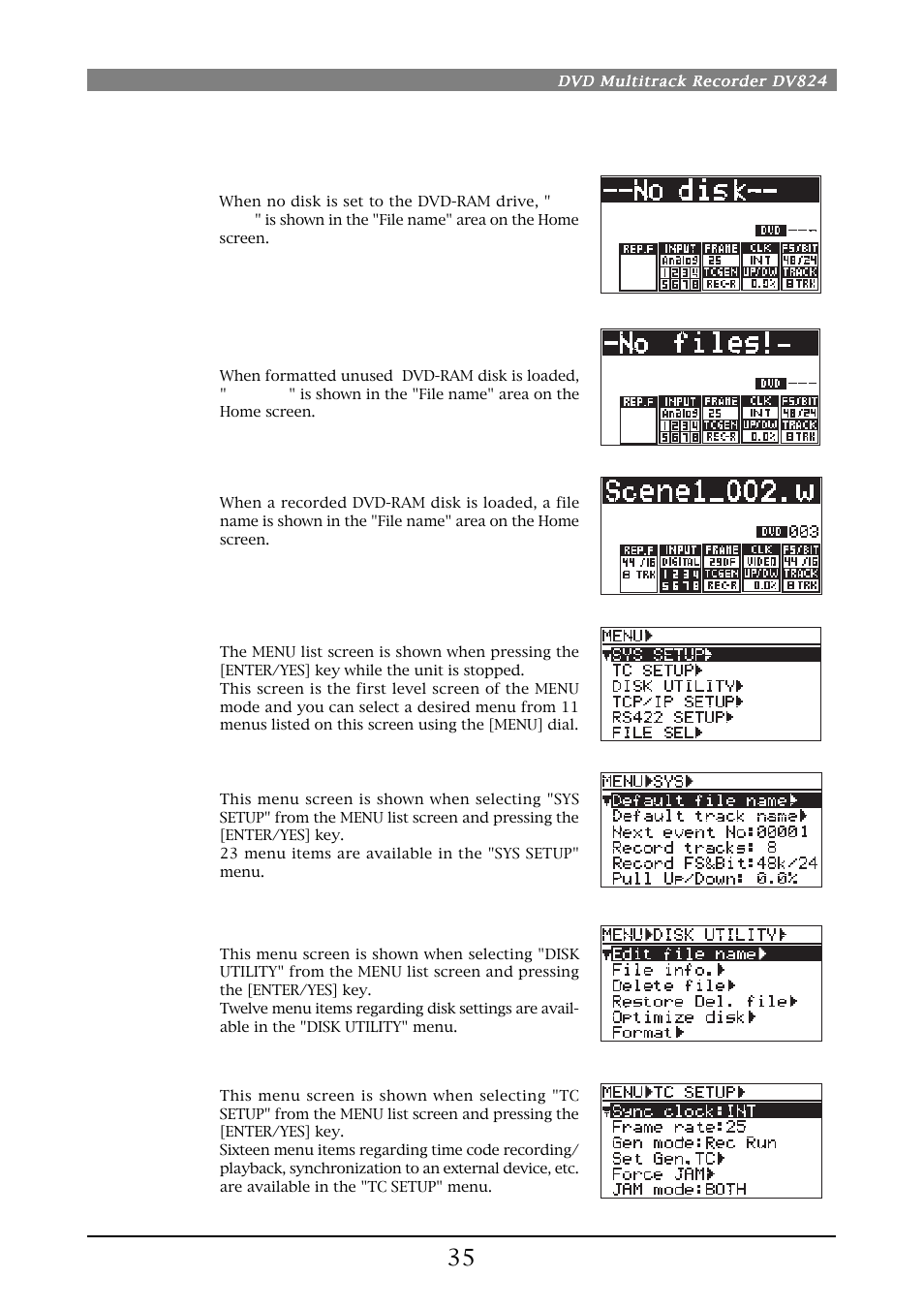 Screen examples | Fostex DV824 User Manual | Page 35 / 162