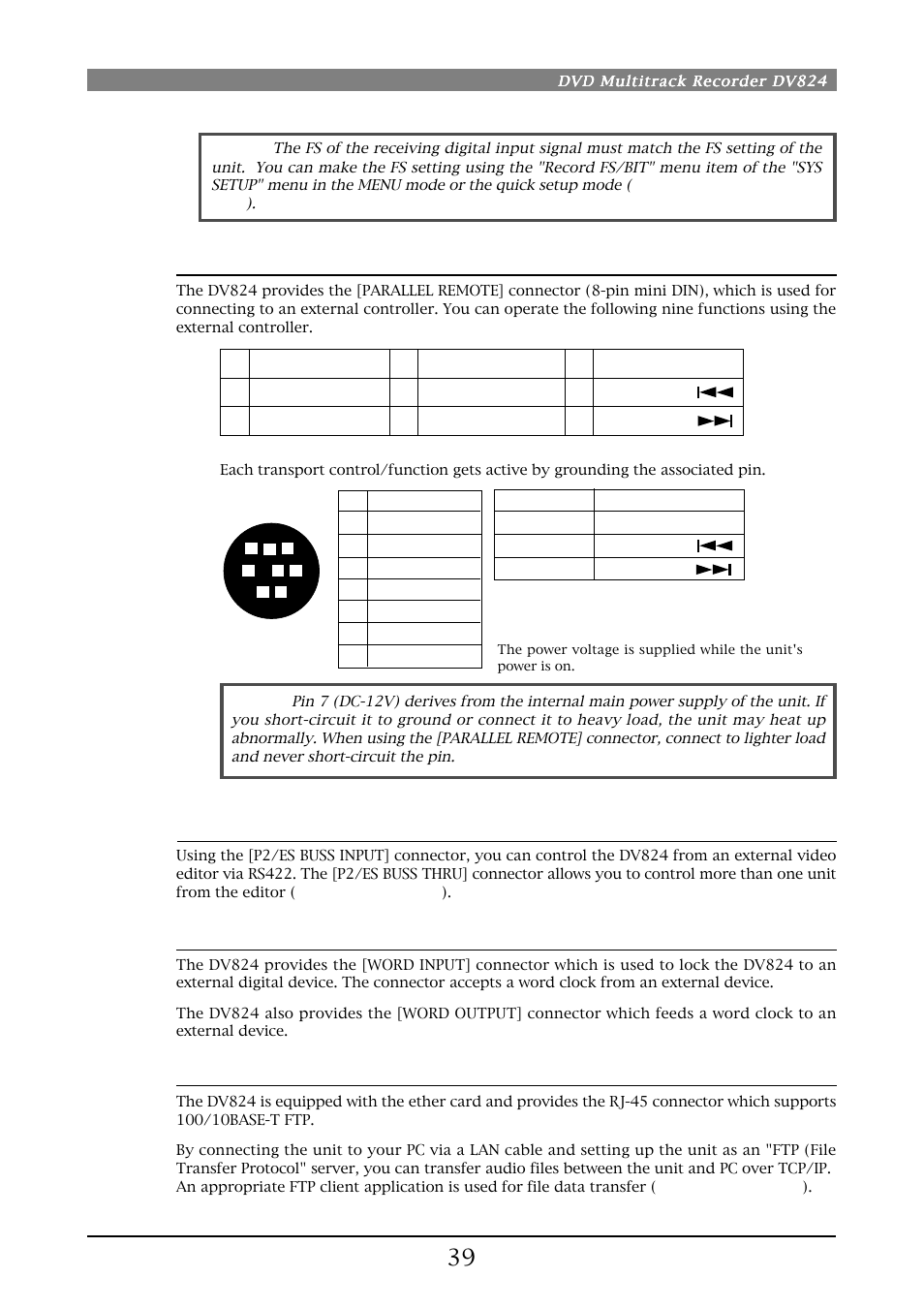 Sync signal (word clock) connection, External video editor connection, Ethernet connection | External parallel controller connection | Fostex DV824 User Manual | Page 39 / 162