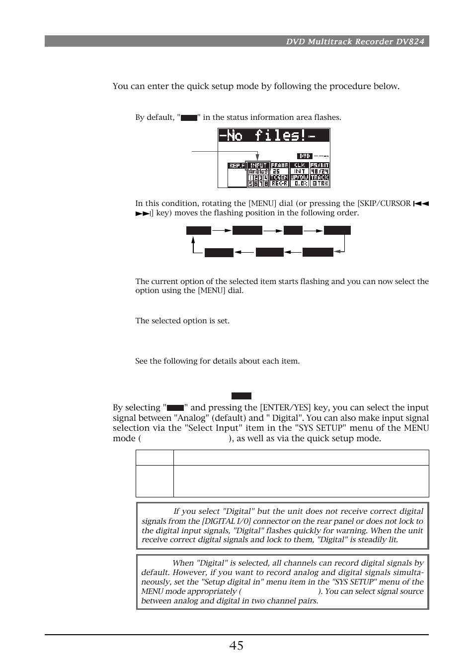 Entering the quick setup mode, Input signal selection | Fostex DV824 User Manual | Page 45 / 162