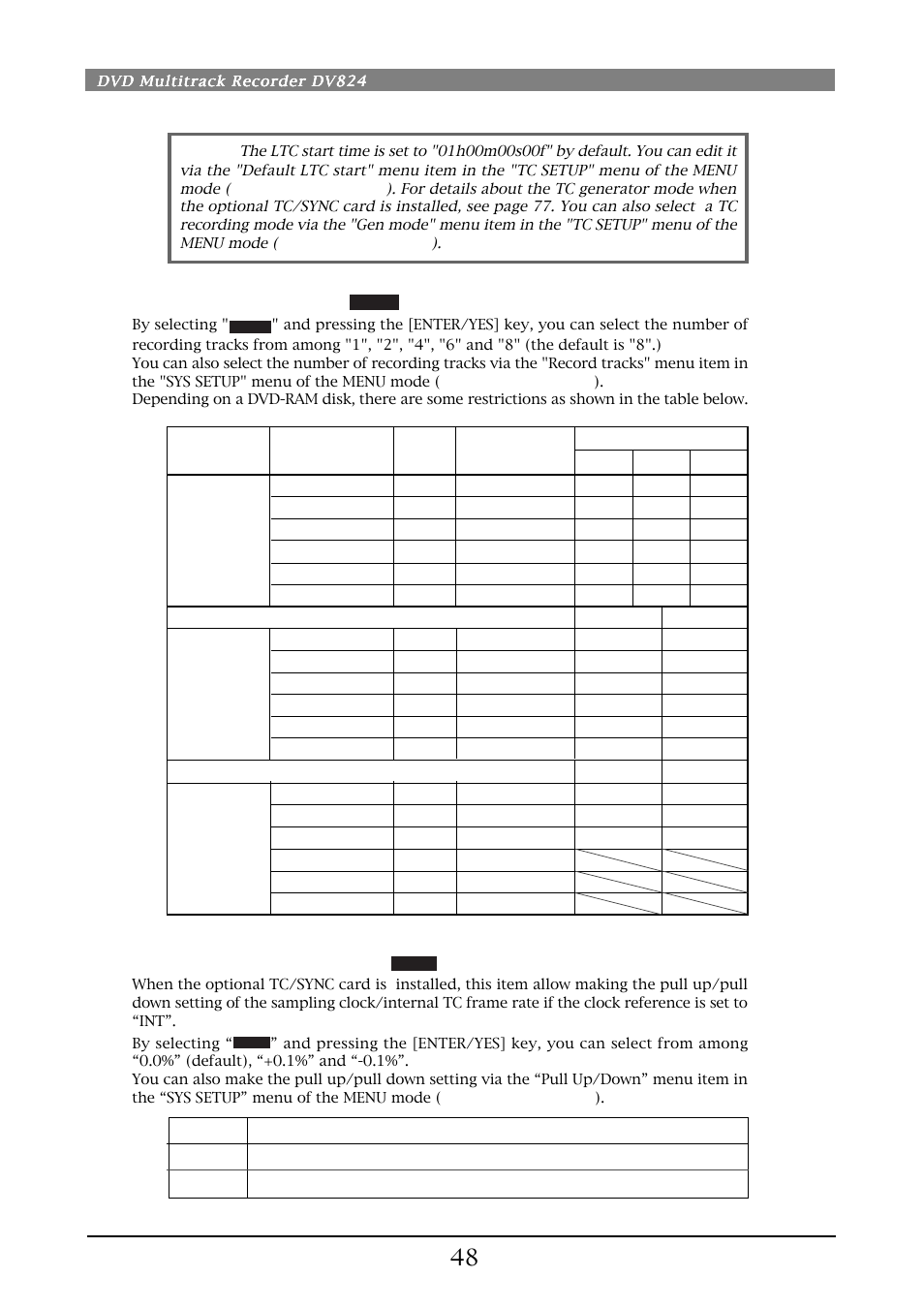 Clock pull up/pull down setting, Recording track selection | Fostex DV824 User Manual | Page 48 / 162