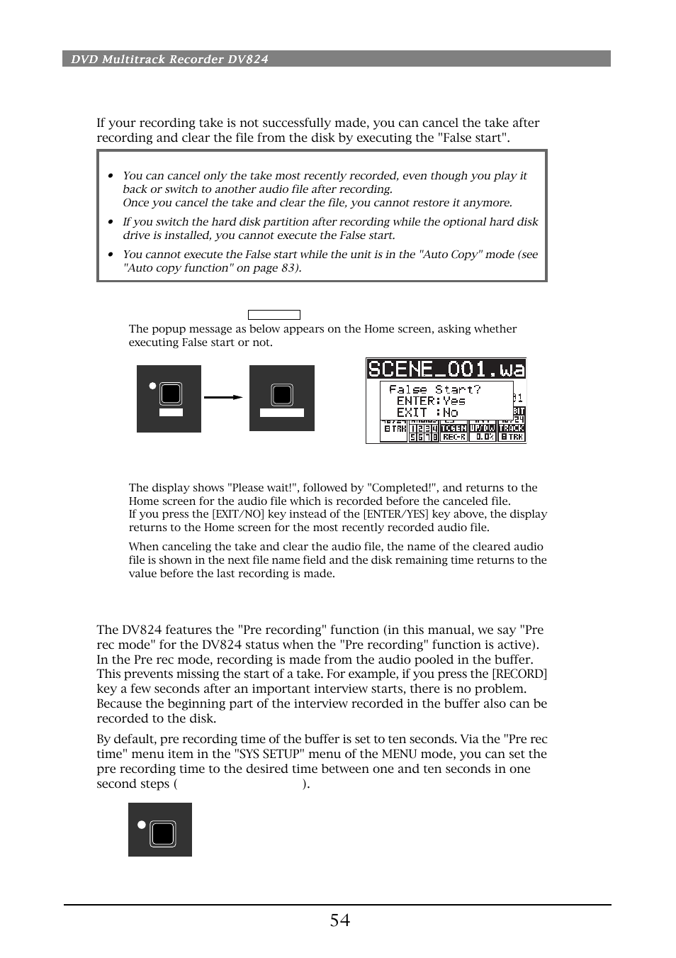 Recording in pre rec mode, Canceling recording (false start) | Fostex DV824 User Manual | Page 54 / 162