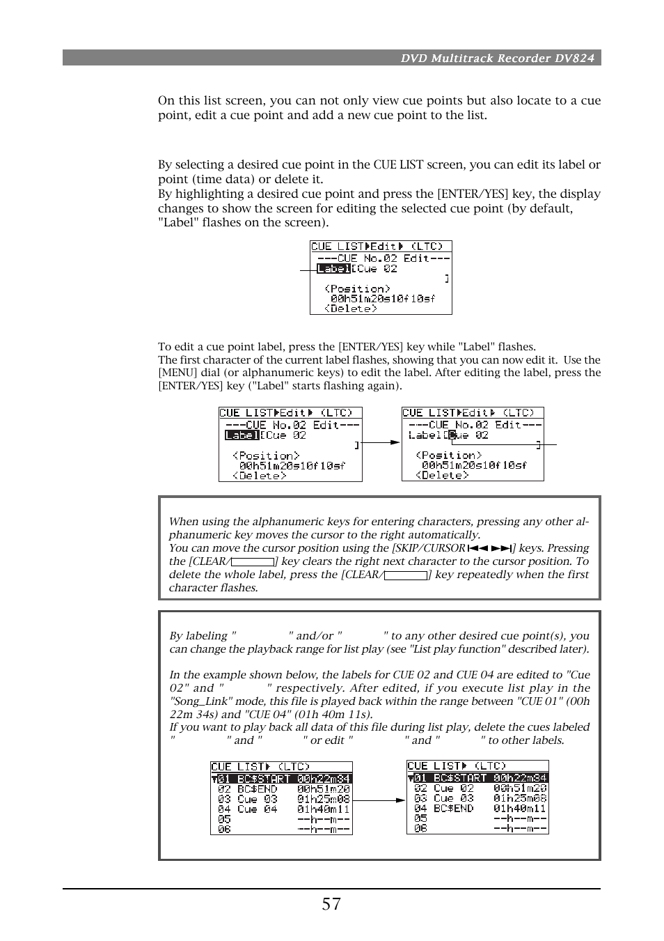 Editing a cue point, Editing a cue label | Fostex DV824 User Manual | Page 57 / 162