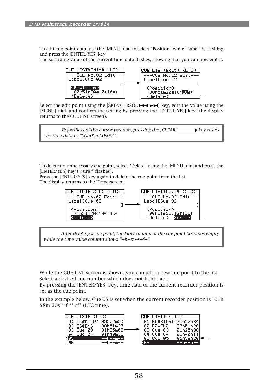 Adding a new cue point to the cue point list, Deleting a cue point, Editing cue point data | Fostex DV824 User Manual | Page 58 / 162