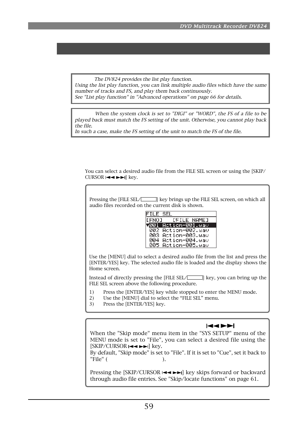 Basic playback, Normal playback, Selecting a file from the file sel screen | Selecting a file using the [skip/cursor key | Fostex DV824 User Manual | Page 59 / 162