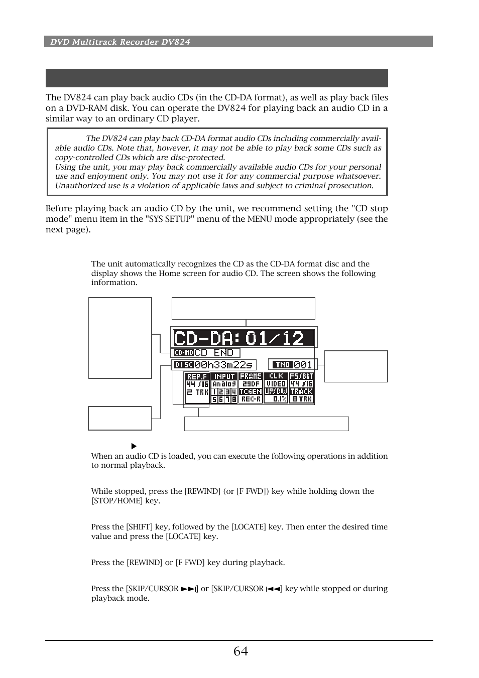 Audio cd playback | Fostex DV824 User Manual | Page 64 / 162
