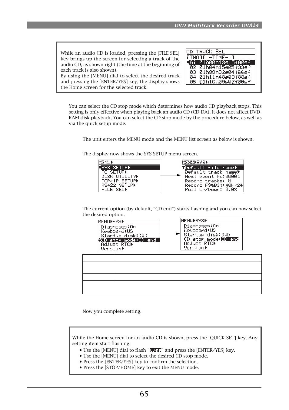 Setting cd stop mode | Fostex DV824 User Manual | Page 65 / 162