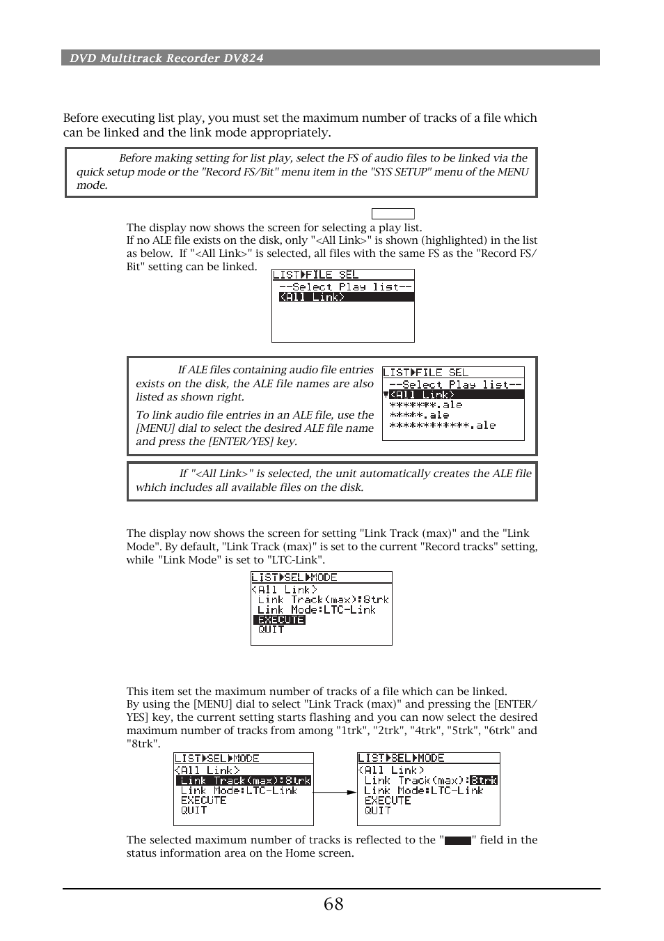 Setting list play mode/executing list play | Fostex DV824 User Manual | Page 68 / 162