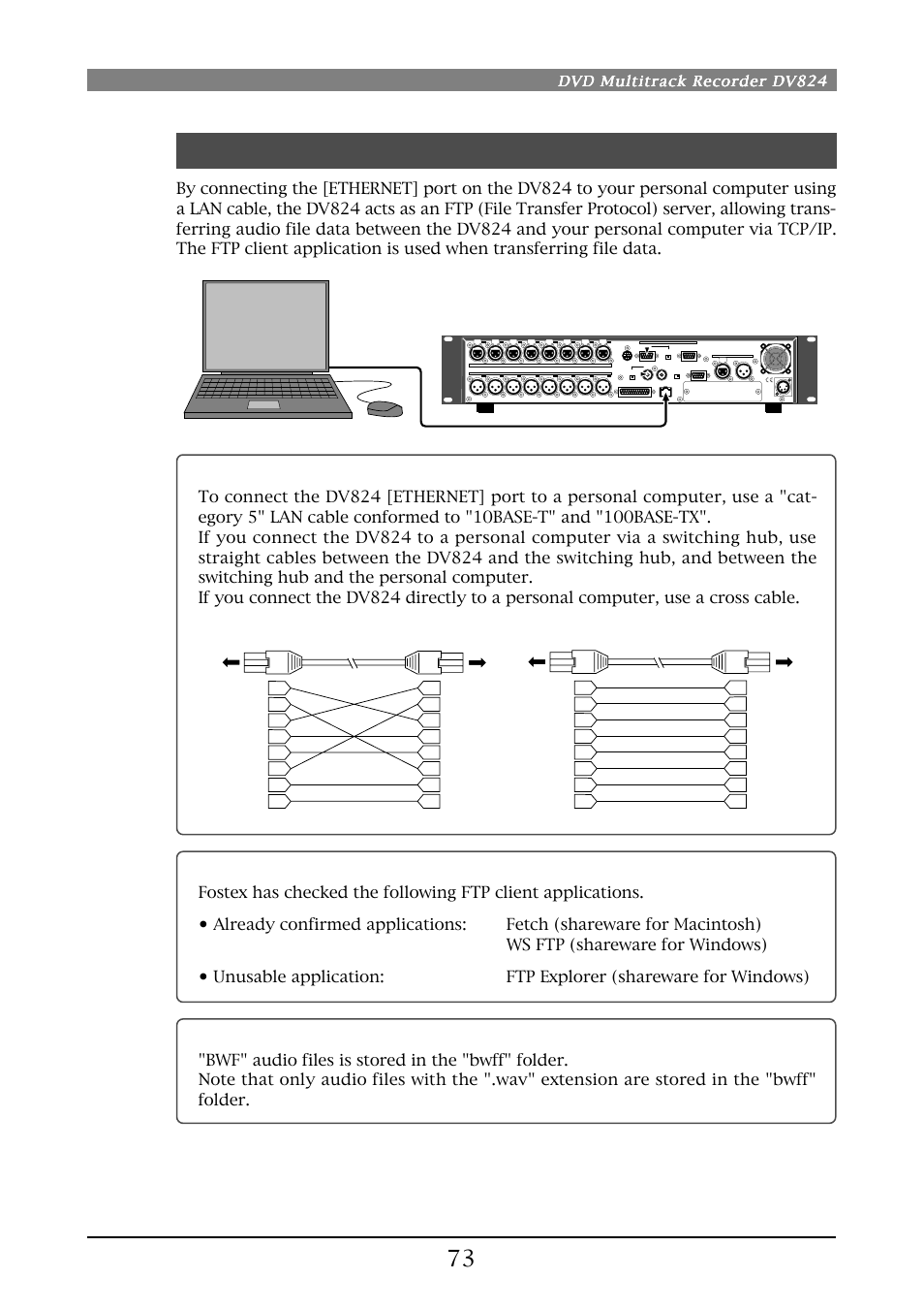 File data transfer using ftp server function, Connecting with a personal computer, Ftp client applications | Where audio files are stored, Cross cable straight cable, Dvd multitrack recorder dv824 | Fostex DV824 User Manual | Page 73 / 162