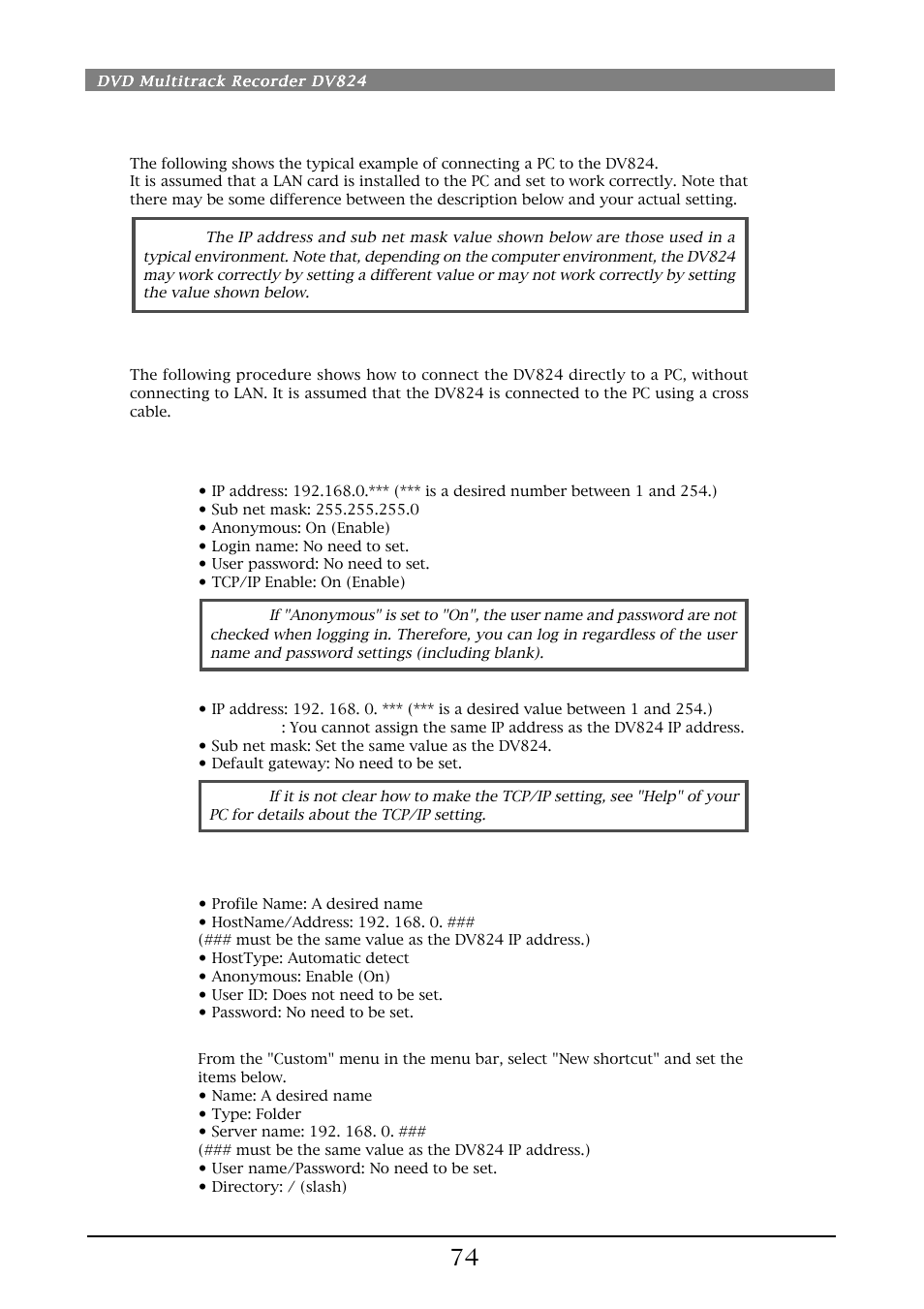 Setting example of pc connection, Connecting dv824 directly to pc | Fostex DV824 User Manual | Page 74 / 162