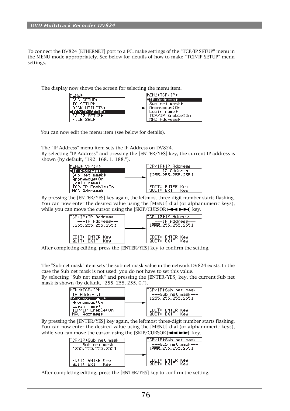Tcp/ip setup menu setting | Fostex DV824 User Manual | Page 76 / 162
