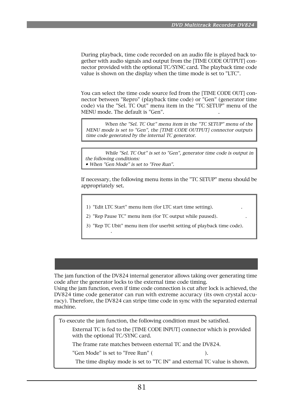 Jam function, Playing back time code | Fostex DV824 User Manual | Page 81 / 162