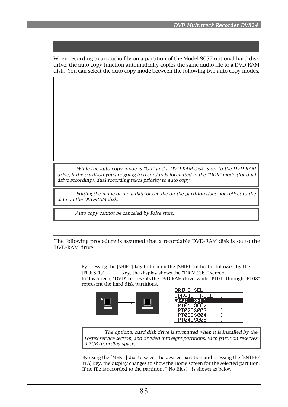 Auto copy function, Selecting auto copy mode | Fostex DV824 User Manual | Page 83 / 162