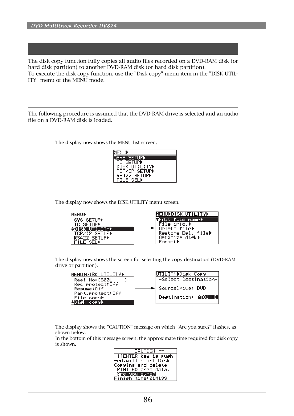 Disk copy function, Making disk copy | Fostex DV824 User Manual | Page 86 / 162