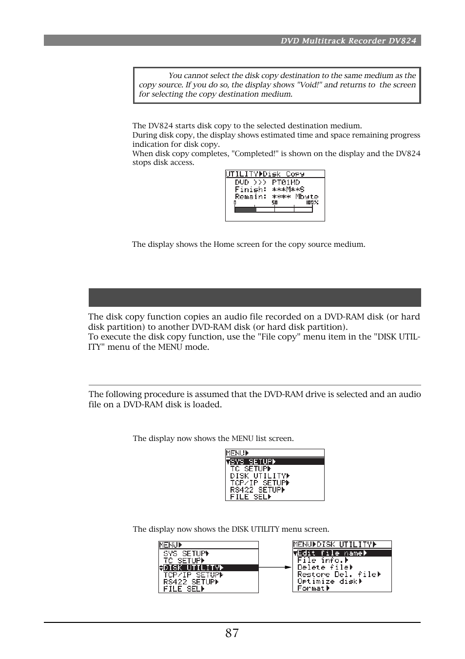 File copy function, Making file copy | Fostex DV824 User Manual | Page 87 / 162