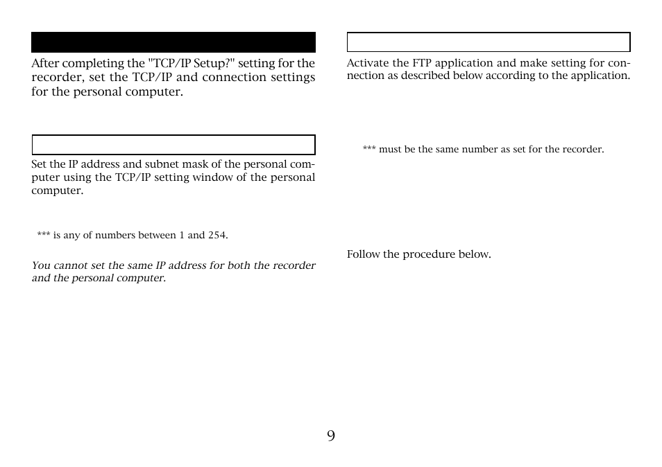 Personal computer setting, Tcp/ip setting, Setting for connection 9 | Fostex 8360 User Manual | Page 9 / 12